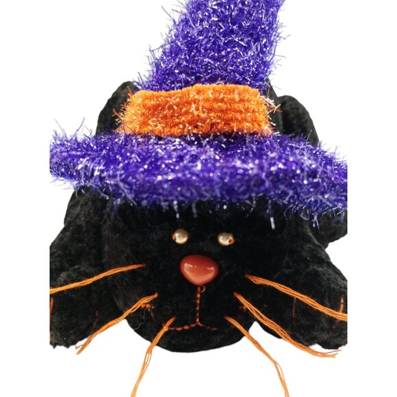 Halloween Black Cat Plush With Purple & Orange Witch Hat Posable Tail - Picture 2 of 16